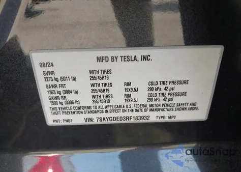 2024 Tesla Model Y Long Range Dual Motor All-Wheel Drive/Rwd из США, поврежденный, VIN 7SAYGDED3RF183932